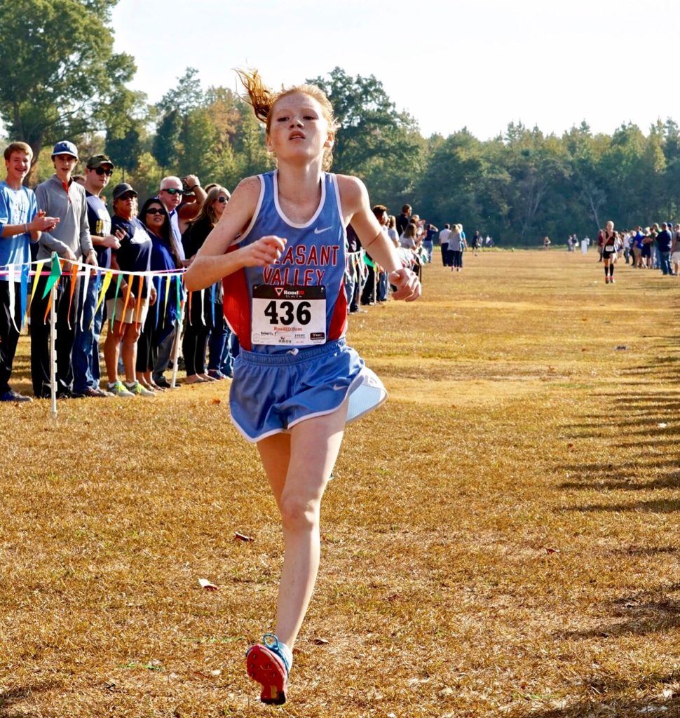 Pleasant Valley's Trinity Roberts wins the girls race in the Calhoun County Cross Country Championship.