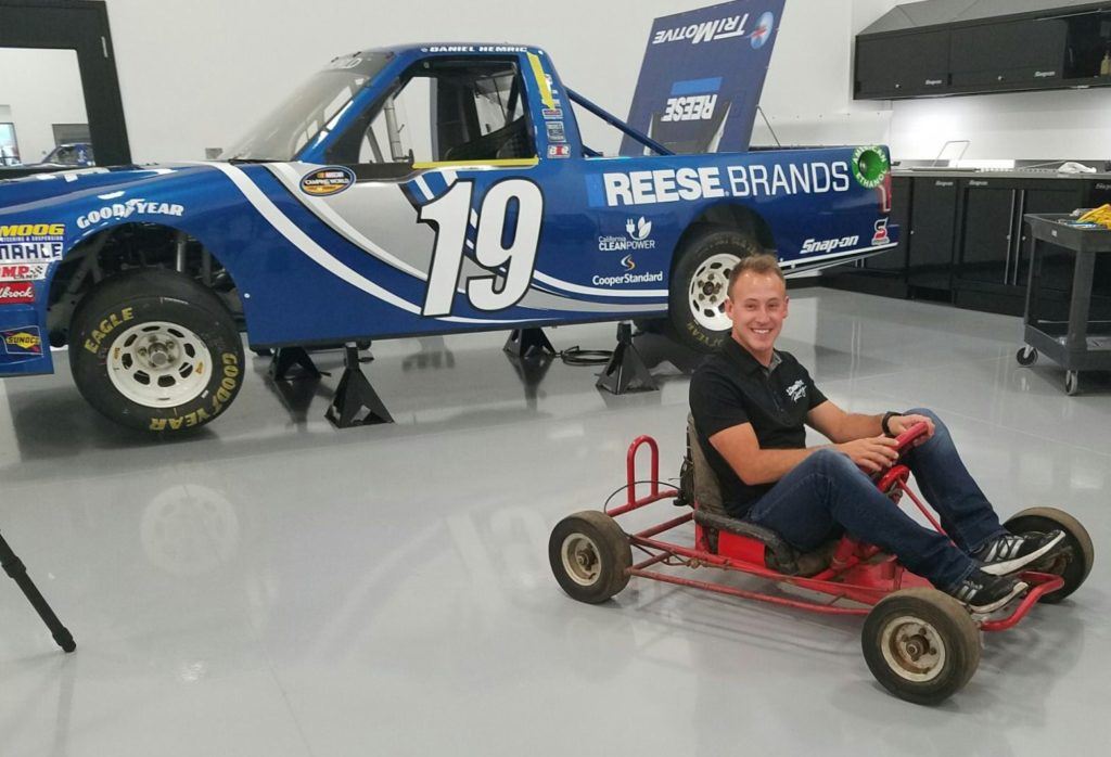 Truck Series contender Daniel Hemric squeezes into the go-cart that started it all for him at age 5. 