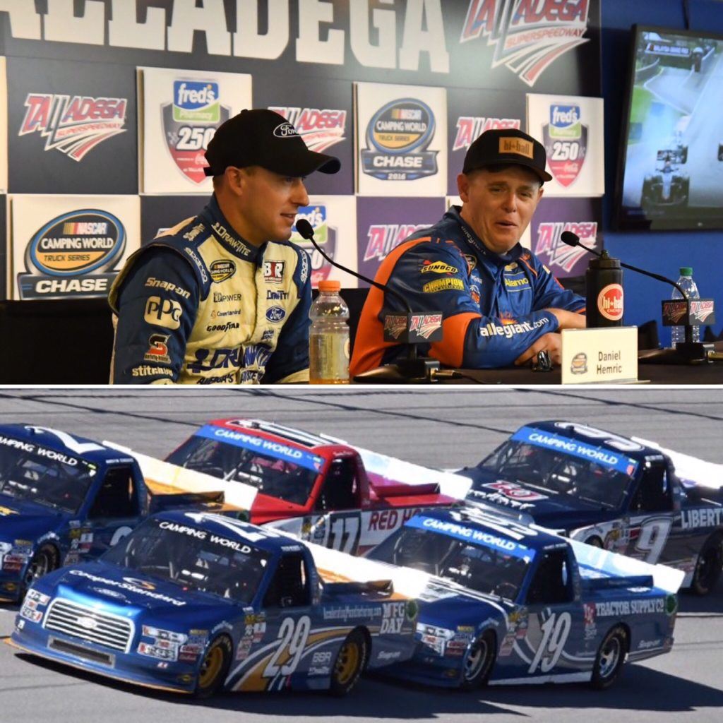 Daniel Hemric (top left) brought his Ford truck (19) through three incidents Saturday, but just fell short of advancing in the Truck Series Chase. (Photos by B.J. Franklin/GungHo Photos)