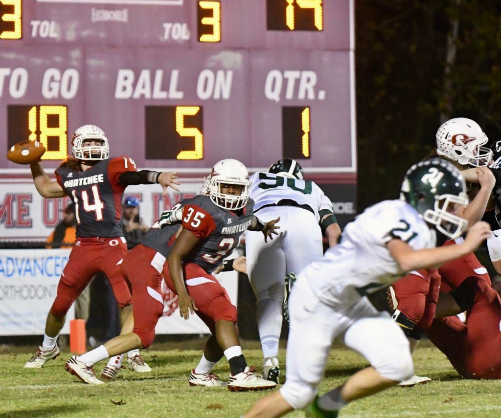 Ohatchee quarterback Taylor Eubanks (14) looks for a receiver in last week's playoff victory. (Photo by B.J. Franklin/GungHo Photos)