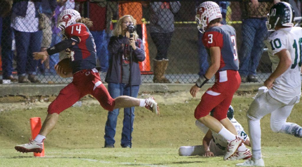 Ohatchee quarterback Taylor Eubanks steps inside the pylon to score one of his three touchdowns Friday night. Eubanks scored on two runs and a long fumble return. (Photo by B.J. Franklin/GungHo Photos) 