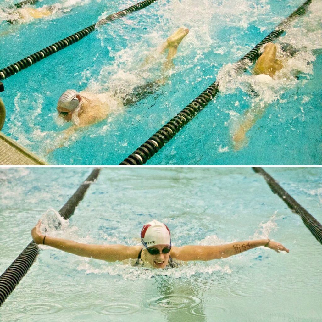 Donoho's Pitts Angell (top left) and Weaver's Lucia Balma bring home of their wins in Monday's Calhoun County Swimming Championships. (Photos by B.J. Franklin/GungHo Photos)