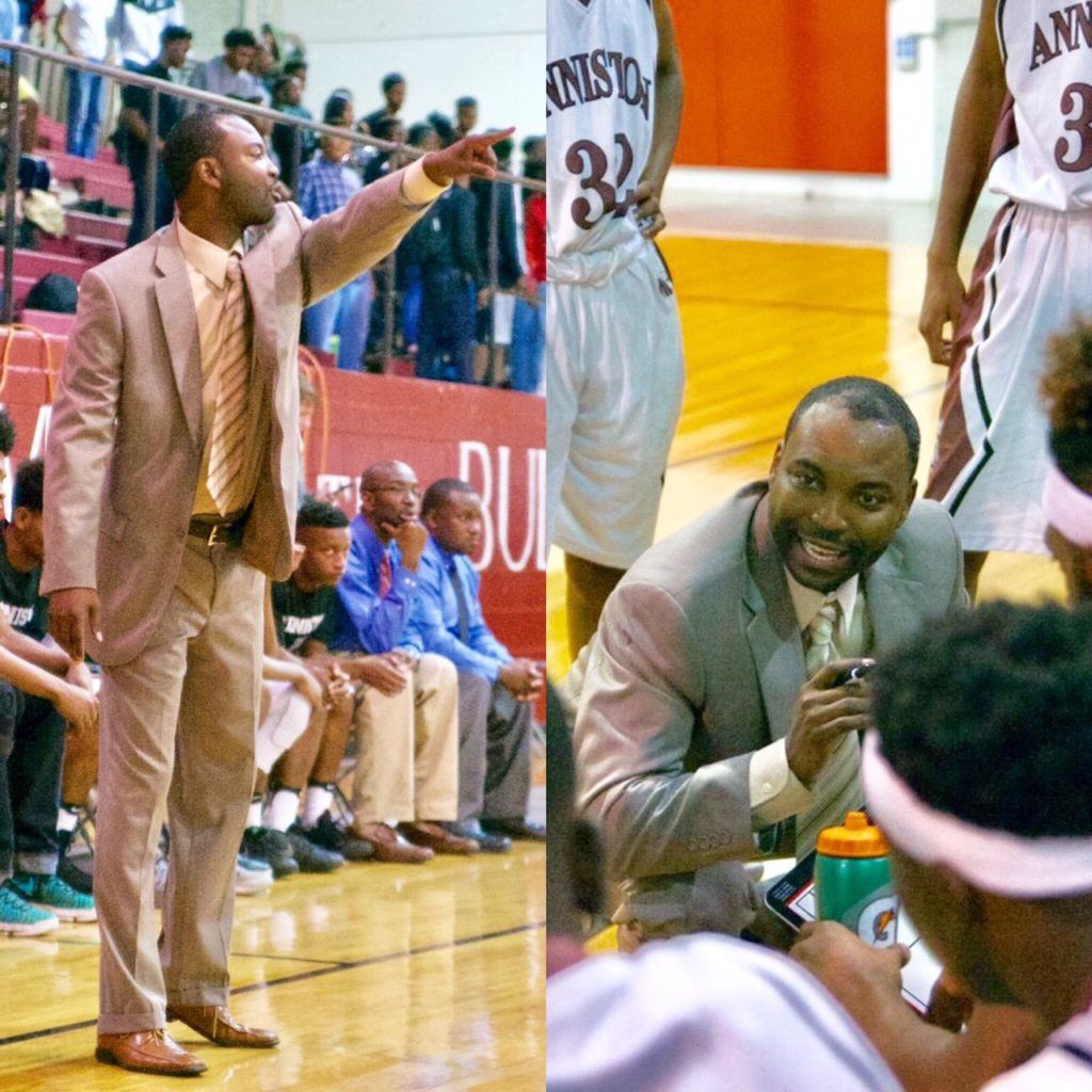 New Anniston basketball coach Torry Brown relays instructions to his team from near (right) and afar during his debut with the Bulldogs Tuesday night. (Photos by B.J. Franklin/GungHo Photos).