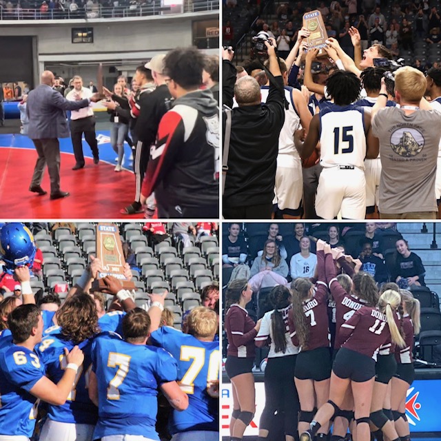 Here is a representation of recent state champions from Calhoun County (clockwise from top left): Weaver wrestling, Jacksonville basketball, Donoho volleyball and Piedmont football. 