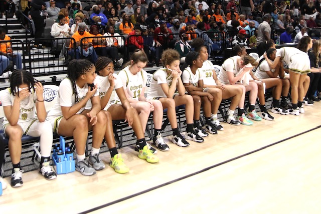 The Oxford bench shows its despair in the closing moments of the Lady Jackets loss in the Class 6A girls state championship game. (Photo by Greg Warren)