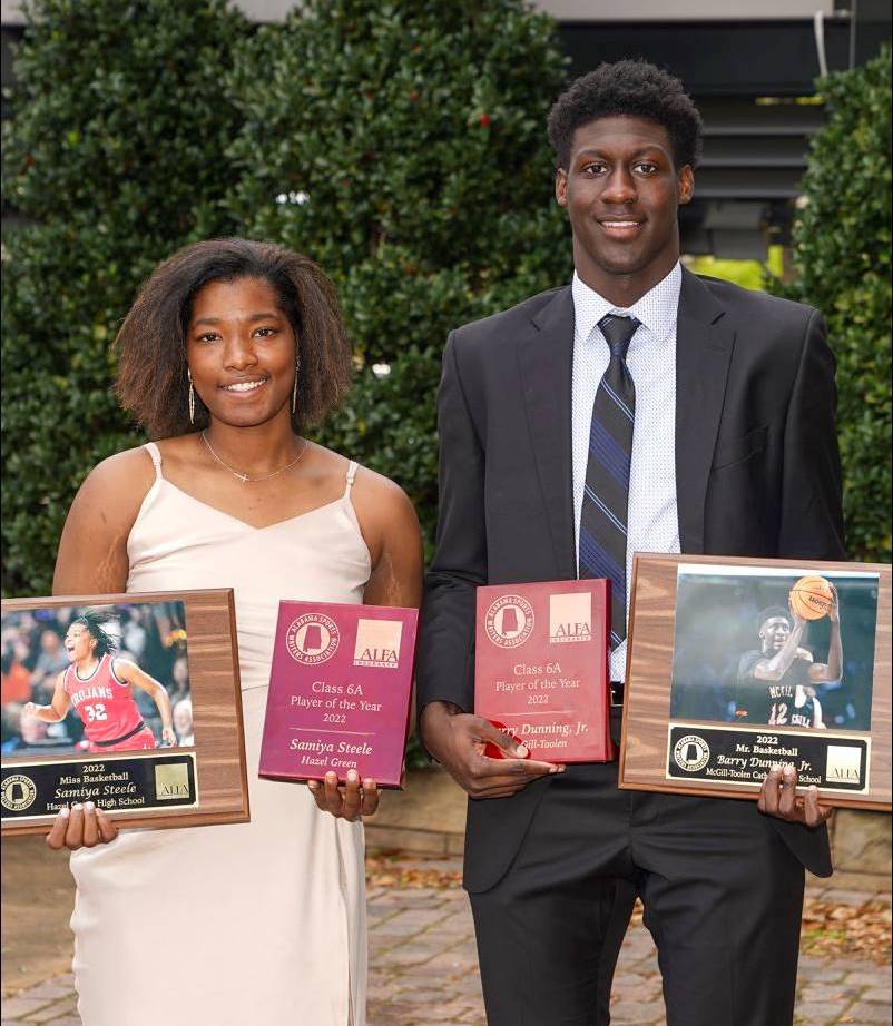 This year’s Alabama Mr. and Miss Basketball are McGill-Toolen’s Barry Dunning (R) and Hazel Green’s Samiya Steele. (AHSAA photo by Marvin Gentry)