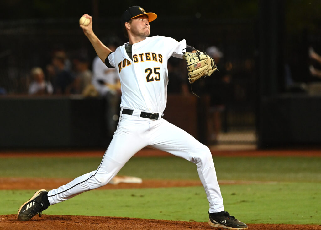 Former Alexandria standout Austin Goode had another strong relief outing Monday to close out the Monsters’ road win over Brookhaven. On the cover, Nate Shipley led the offense with two extra-base hits and five RBIs. (Photos by B.J. Franklin)