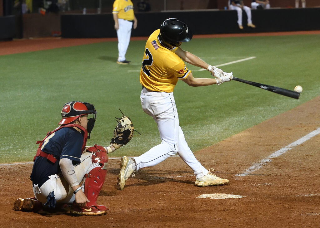 Nate Shipley connects on his second double of the game in the seventh inning as part of a three-hit night in the Monsters’ 7-4 home win over the Gwinnett Astros. (Photo by B.J. Franklin/GungHo Photos)