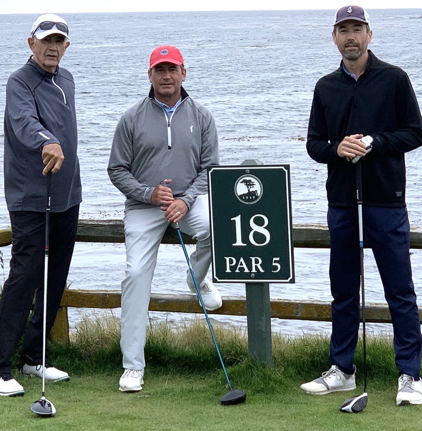 Ray Chapman (L) and sons Ray Jr. (C) and Tom recreate an iconic photo on the 18th tee at Pebble Beach. On the cover, Chapman (C) and Chip Howell are with Nancy Shull (R) after another strong finish in the SKCC. (Photos courtesy of Ray Chapman, Chip Howell).