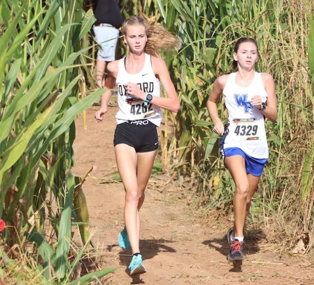 Oxford’s Katie Keur (L) and White Plains’ Maddyn Conn come through the corn leading the girls race in the Munford Invitational. On the cover, Oxford’s Noah George comes through the corn comfortably ahead in the boys race. (Photos by Dana Stewart George)