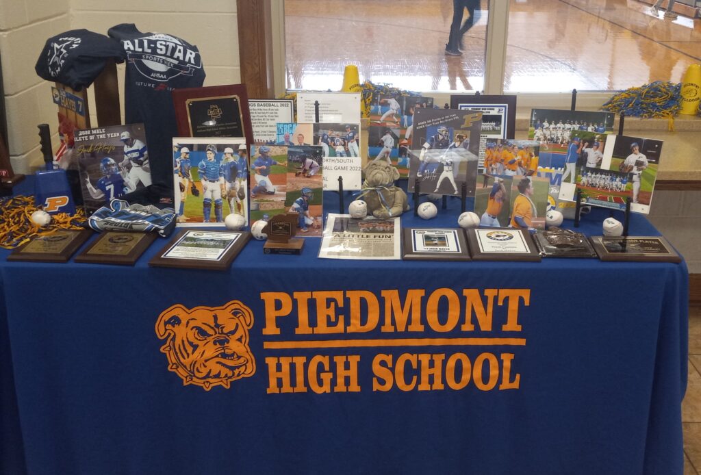 Jack Hayes’ memorabilia tables at Thursday’s ceremony to mark his and teammate Max Hanson’s signing with Snead State Community College (Photos by Joe Medley)