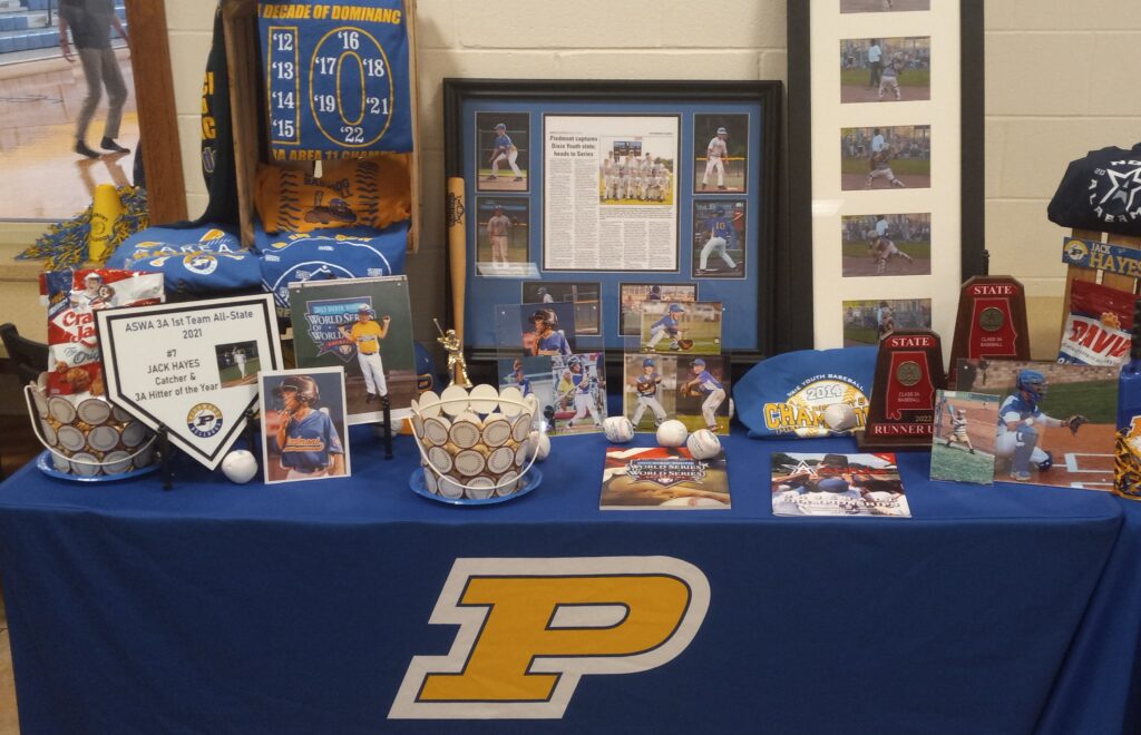 Jack Hayes’ memorabilia tables at Thursday’s ceremony to mark his and teammate Max Hanson’s signing with Snead State Community College (Photos by Joe Medley)