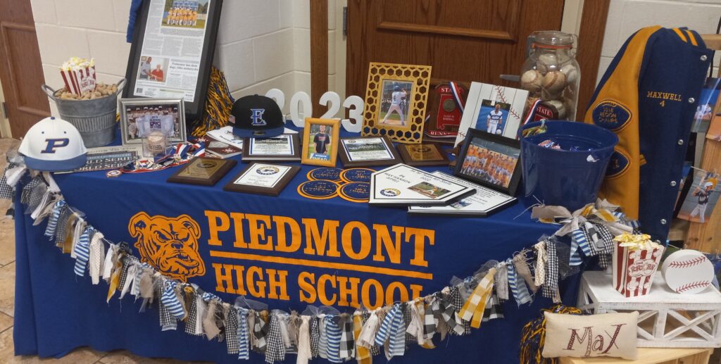Max Hanson’s memorabilia display during Thursday’s ceremony to mark his and Piedmont teammate Jack Hayes’ signing with Snead State Community College. (Photos by Joe Medley)