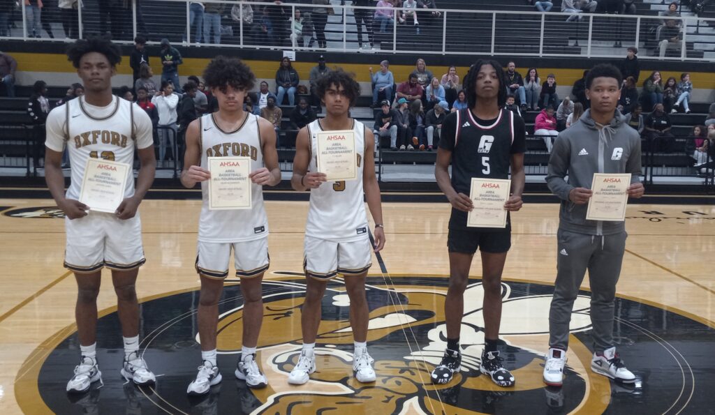 The Class 6A, Area 13 all-tournament team, from left: Oxford’s Jayden Lewis, Jaylen Alexander and T.J. Allen plus Gadsden City’s Jordan Walker (5) and Steve Jones. Not pictured is Fort Payne’s Luke Stephens. (Photo by Joe Medley)