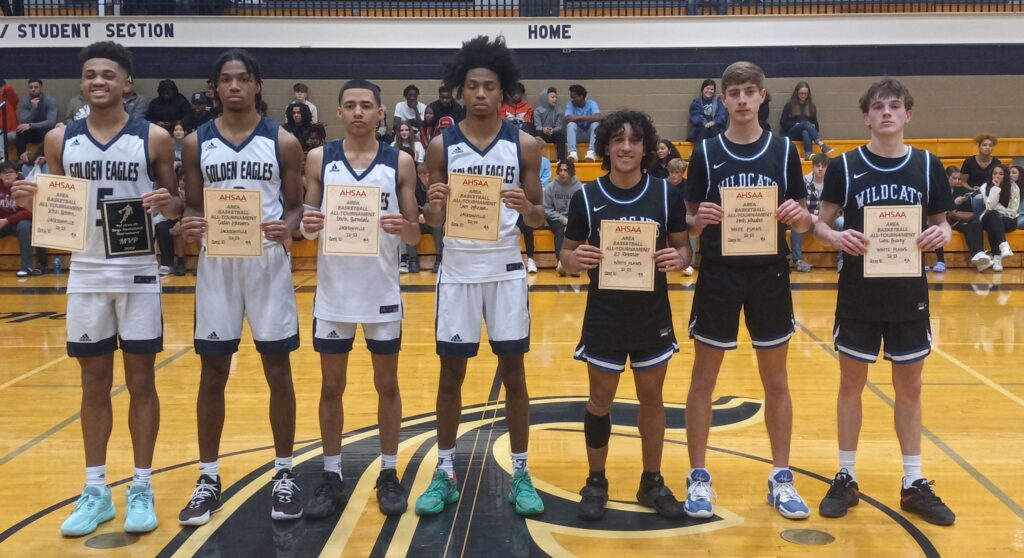 The Class 4A, Area 10 all-tournament team (from left): Most valuable player John Broom, of Jacksonville; Caden Johnson, Devin Barksdale, Cam Johnson; White Plains’ Z.J. Rozario, Josh Wheeler and Luke Bussey. Not pictured are Cherokee County’s Jack Amos and Malachi Horton and Cleburne County’s Jacob Cavender. (Photo by Joe Medley)
