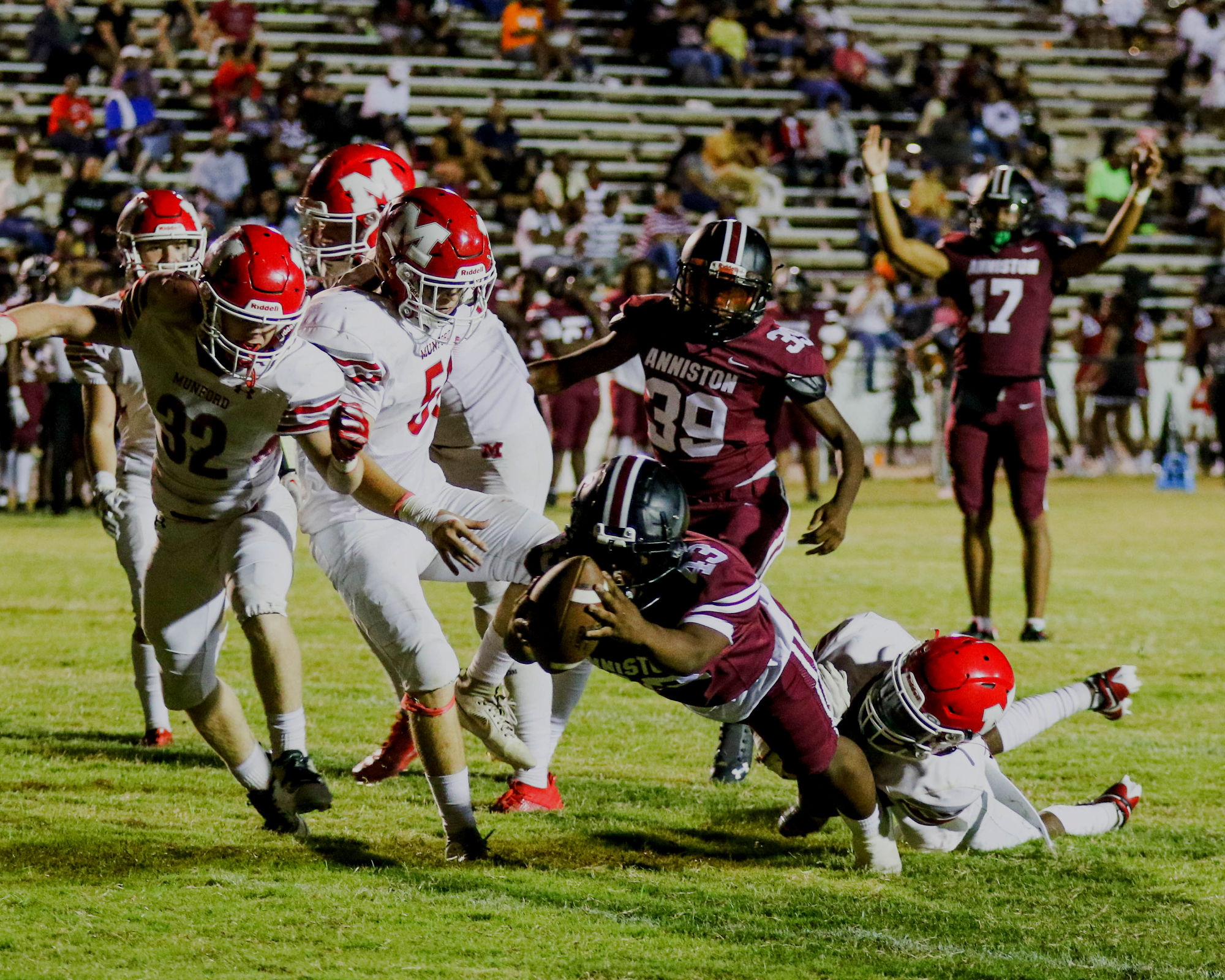 Anniston’s William Grayson finishes off a touchdown run during the Bulldogs’ victory over Munford on Friday at Lott-Mosby Stadium. (Photo by Greg Warren/For East Alabama Sports Today)