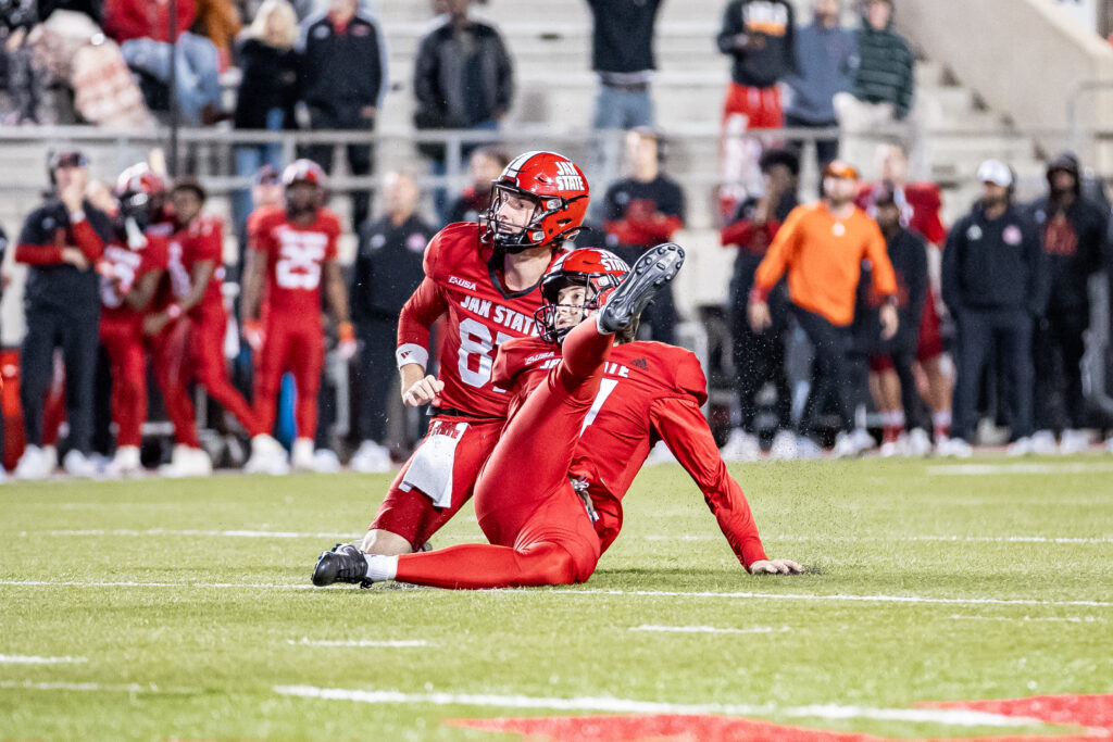 Jax State kicker Alen Karajc watches the flight of his 41-yard, game-winning field goal against Western Kentucky on Tuesday. (Photo by Brandon Phillips/Jax State)