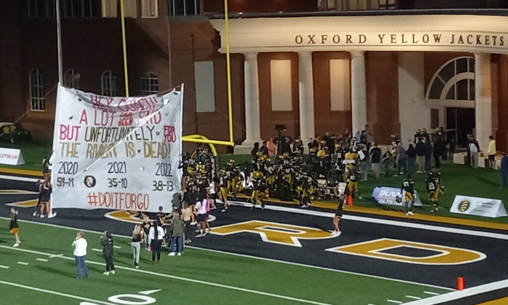 Oxford students had a message for Pell City coach Rush Propst before Friday’s game on Lamar Field. (Photo by Joe Medley)