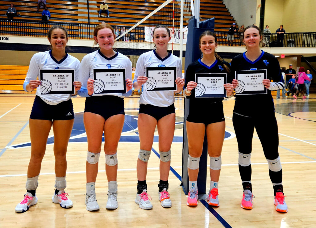 The Class 4A, Area 10 all-tournament team (from left): Jacksonville’s Mya Swain, Sydney Soriano, and Camryn Stone plus White Plains’ Cooper Martin and Bella Higgins. Not pictured, Cleburne County’s Brooklyn Hulsey. (Photo by Joe Medley)