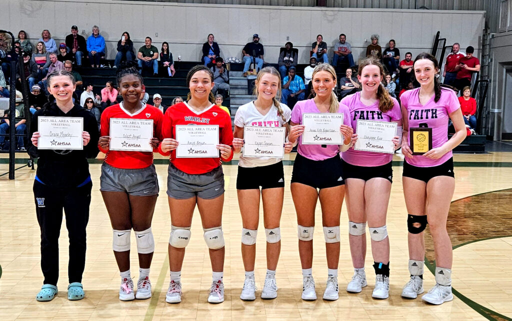 The Class 1A, Area 8 all-tournament team (from left): Winterboro’s Grace Moseley, Wadley’s Celest Angel and A’mya Brown and Faith Christian’s Kayson Cronan, Anna Kate Robertson, Cheyenne Rice and Ally Folsom. Not pictured, ASD’s Tusi Silas. (Photo by Joe Medley)