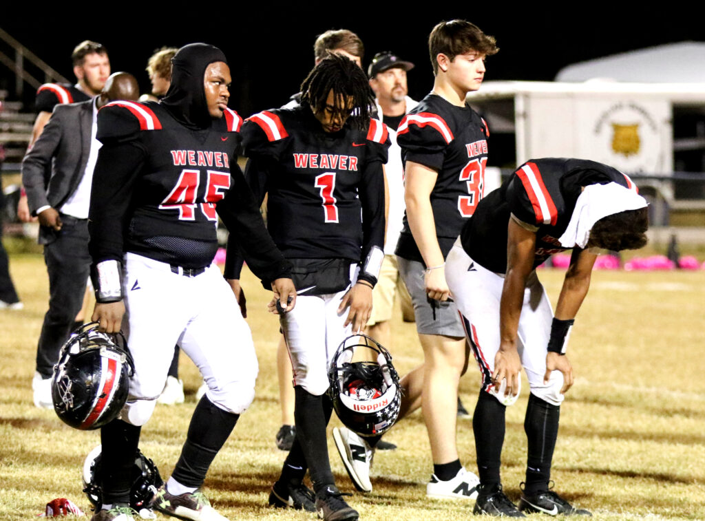 Weaver players react after a 38-31 loss to Beulah on Friday at Weaver. (Photo by Greg Warren/For East Alabama Sports Today)
