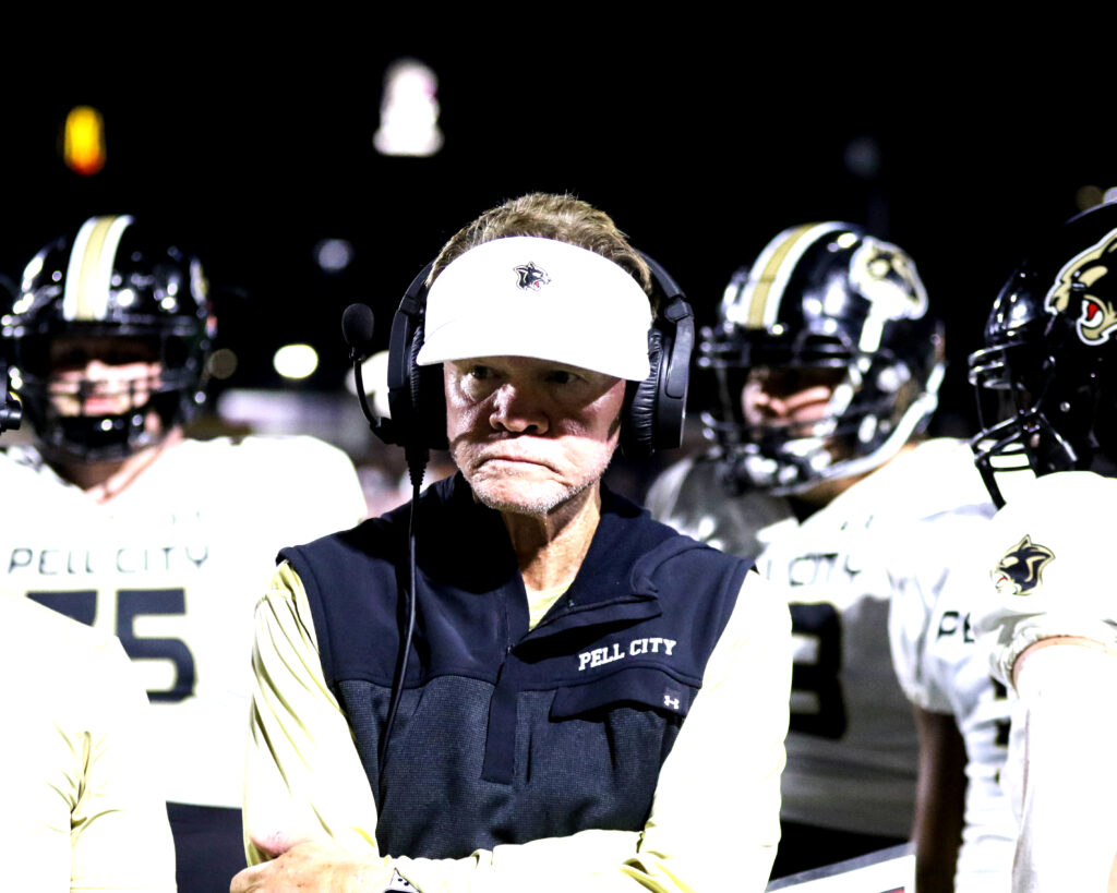 Rush Propst coaches Pell City in its 28-25 loss at Oxford on Friday. (Photo by Greg Warren/For East Alabama Sports Today)