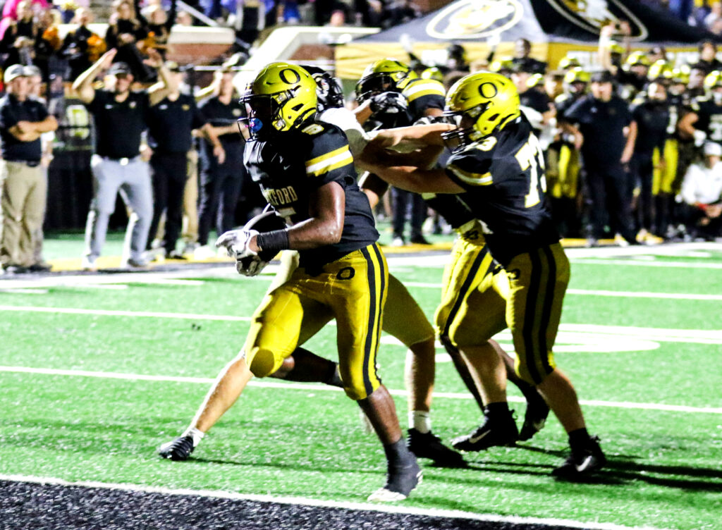 Oxford’s Jaydon Thomas crosses the goal line with his game-winning, 2-yard touchdown run with 33.8 seconds left on Friday on Lamar Field. (Photo by Greg Warren/For East Alabama Sports Today)