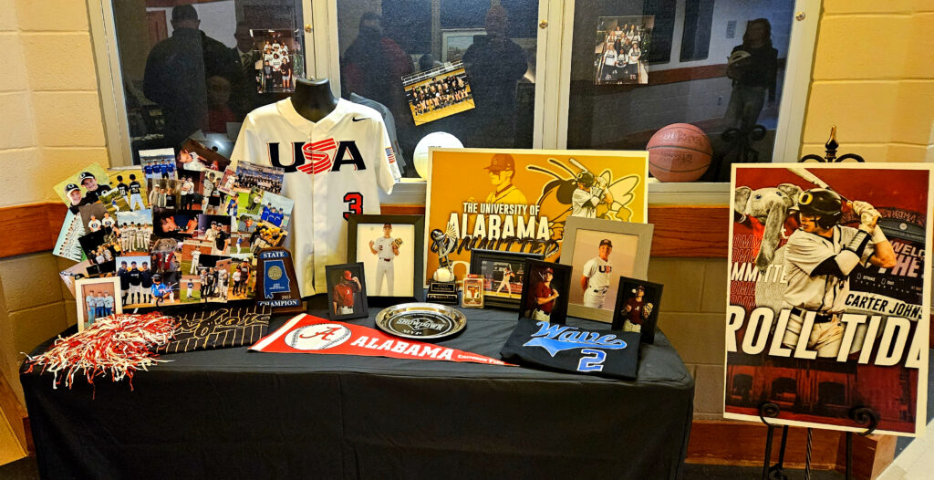 Carter Johnson’s memorabilia display for Friday’s signing ceremony at Oxford High School. (Photo by Joe Medley)