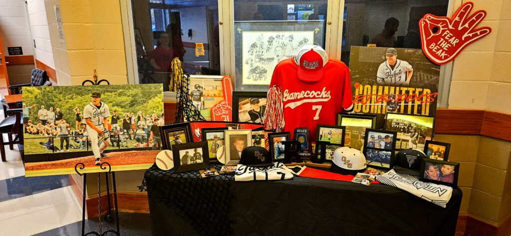 R.J. Brooks’ memorabilia display for Friday’s signing ceremony at Oxford High School. (Photo by Joe Medley)