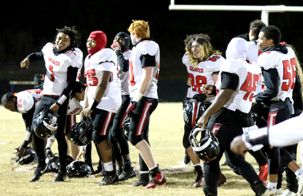 Weaver players celebrate after winning at Pleasant Valley on Thursday. (Photo by Greg Warren/For East Alabama Sports Today)