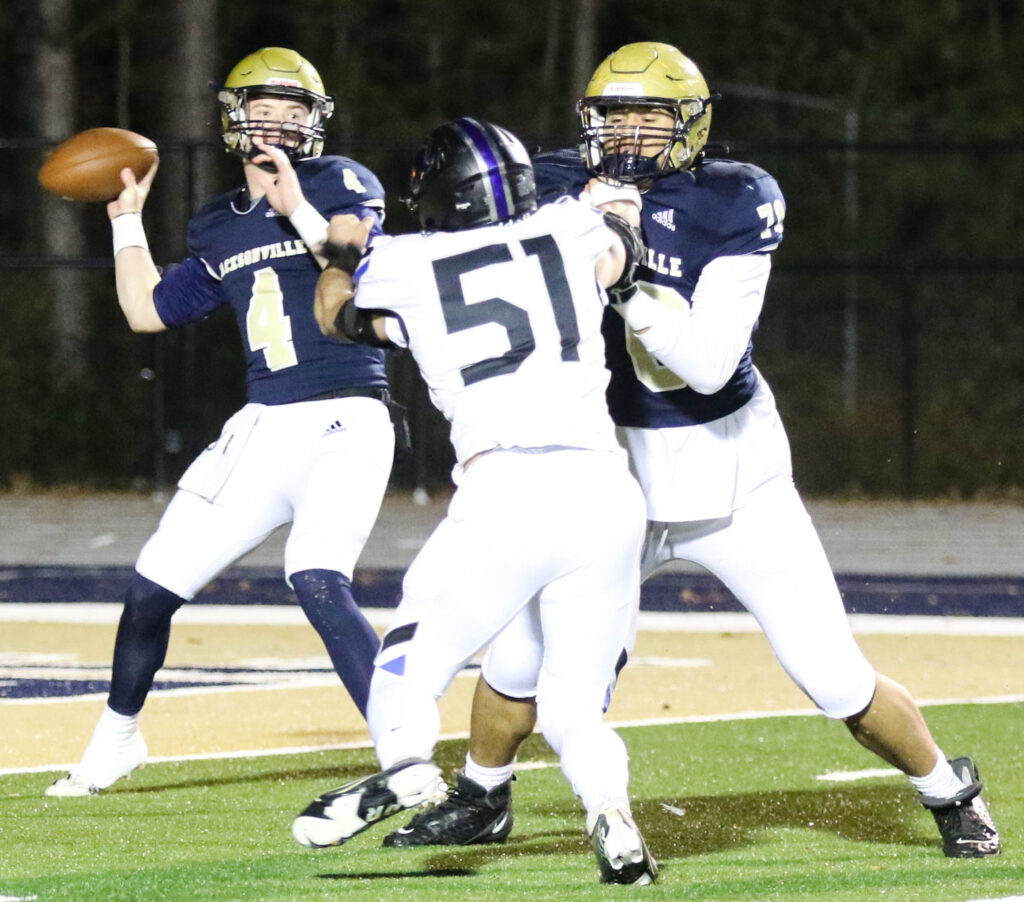 Jacksonville senior quarterback Jim Ogle is the East Alabama Sports Today, Class 4A-6A All-Calhoun County player of the year for 2023 after completing 210 of 311 passes for 3,095 yards, 44 touchdowns and six interceptions. The Troy commit led the Golden Eagles to the Class 4A quarterfinals, their second-longest playoff run in school history. (Photo by Greg Warren/For East Alabama Sports Today)