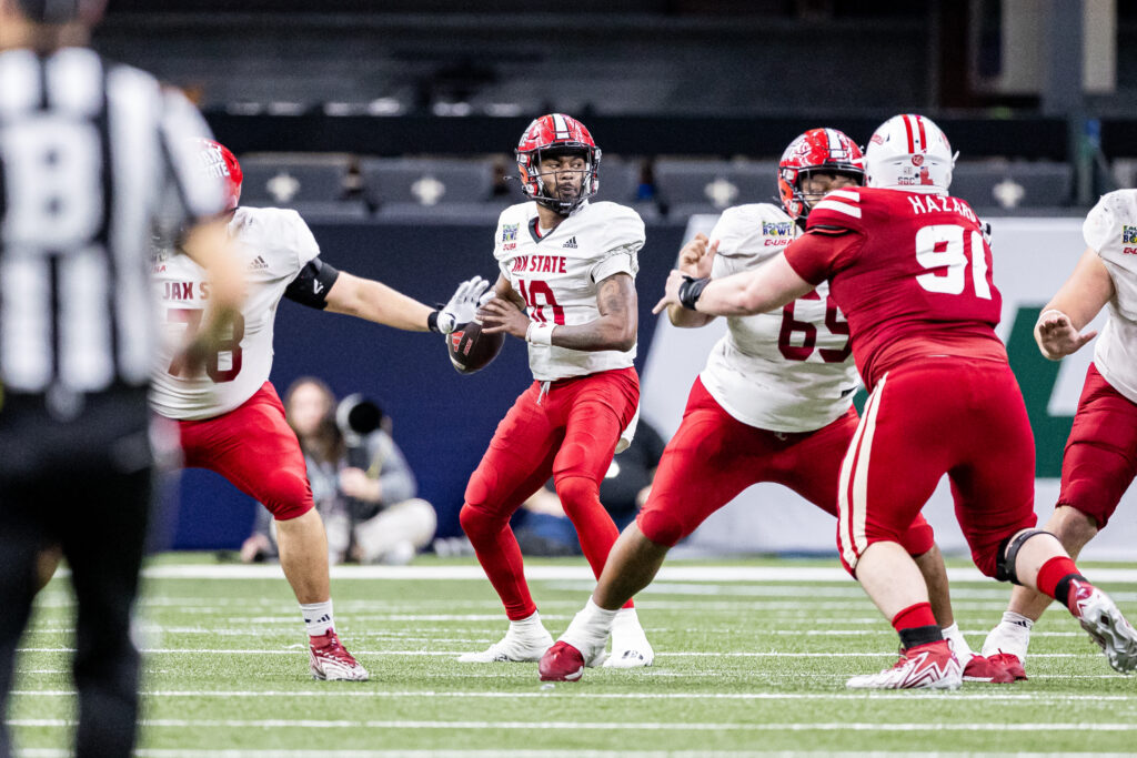 Playing his last game as a Gamecock, quarterback Zion Webb leads the game-tying drive to force overtime against Louisiana in Saturday’s R+L Carriers New Orleans Bowl. (Photo by Brandon Phillips/Jax State)