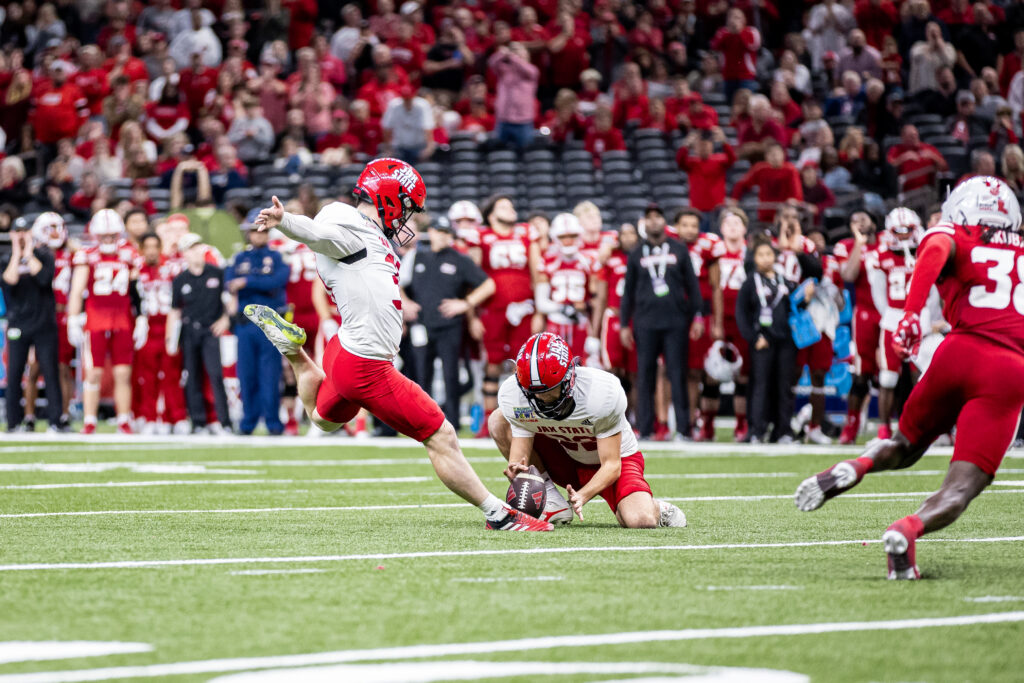 Garrison Rippa delivers the game-winning field goal as Jax State beat Louisiana 34-31 in overtime in Saturday’s R+L Carriers New Orleans Bowl. (Photo by Brandon Phillips/Jax State)