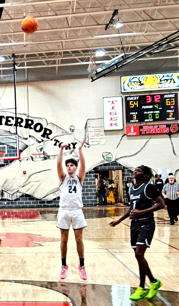 Faith’s Carson Harris shoots during Wednesday’s action in Helflin. (Photo by Joe Medley)