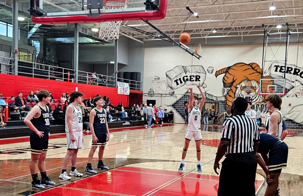 Faith Christian’s Conner Richerzhagen shoots a free throws against Randolph County during Friday’s action in the Heflin Holiday Hoops Classic. (Photo by Joe Medley)