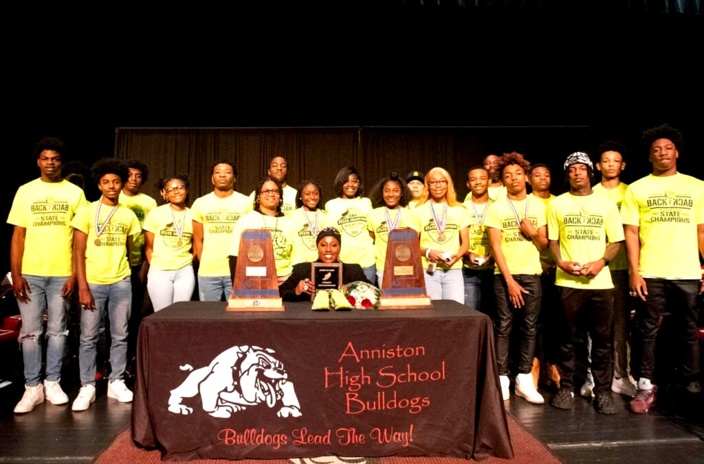Anniston’s track team, led by head coach Lisa Howard Holland, celebrated its most recent state title at a ceremony Monday in the school’s auditorium. (Submitted photo)