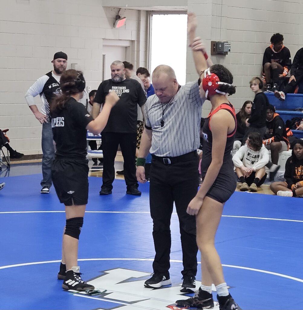 Weaver’s Lena Johannson wins her 140-pound final Wednesday in the inaugural Calhoun County girls’ wrestling tournament. The Bearcats went on to win the team title. (Photo by Joe Medley)