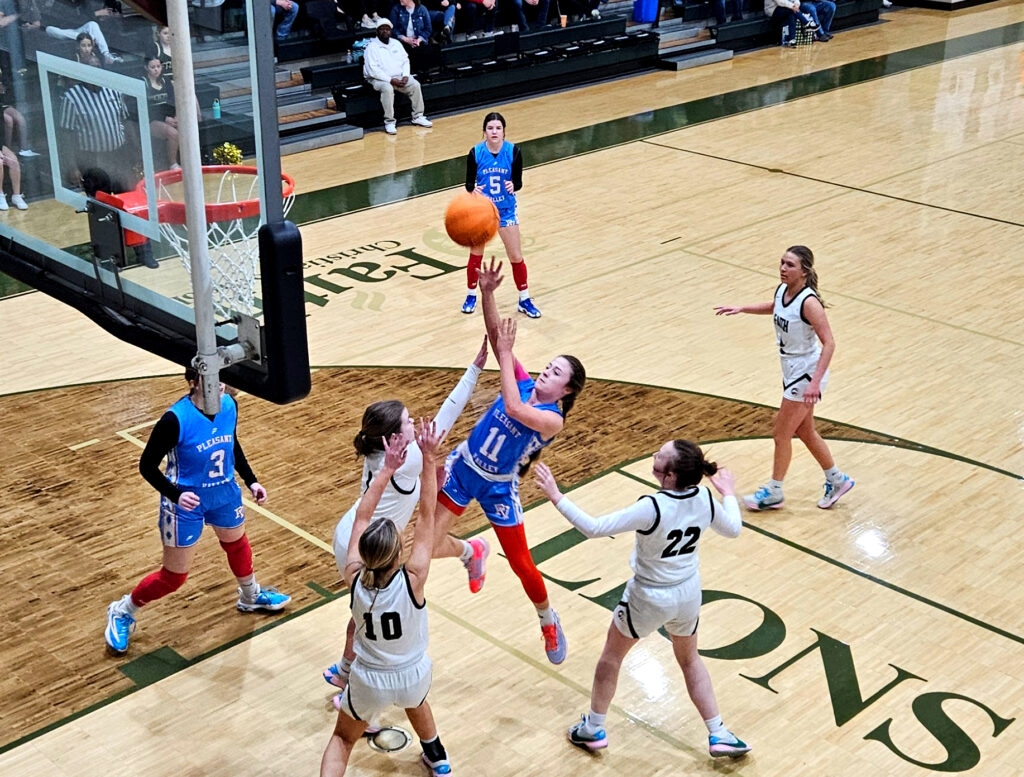 Pleasant Valley’s Alexa Cranmer goes up for two of her 20 points against Faith Christian on Friday. (Photo by Joe Medley)