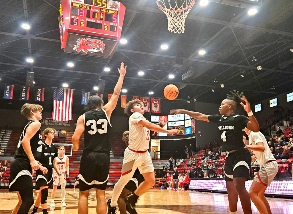 Ohatchee’s Alston Carroll draws a foul while driving the lane against Wellborn during Saturday’s action in the Calhoun County tournament at Pete Mathews Coliseum. (Photo by Joe Medley)