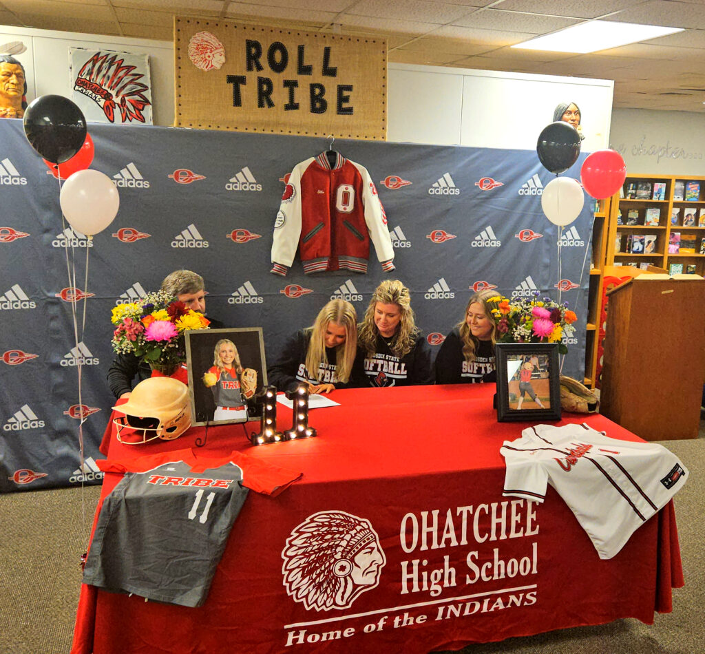 Ohatchee’s Ellie Carden puts pen to paper during Thursday’s ceremony to mark her signing with Gadsden State Community College. (Photo by Joe Medley)