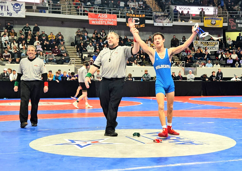 White Plains’ Mason Hahm won the Class 1A-4A 120-pound state title in Huntsville. He also won the Calhoun County tournament in his weight class. (Photo by Joe Medley)