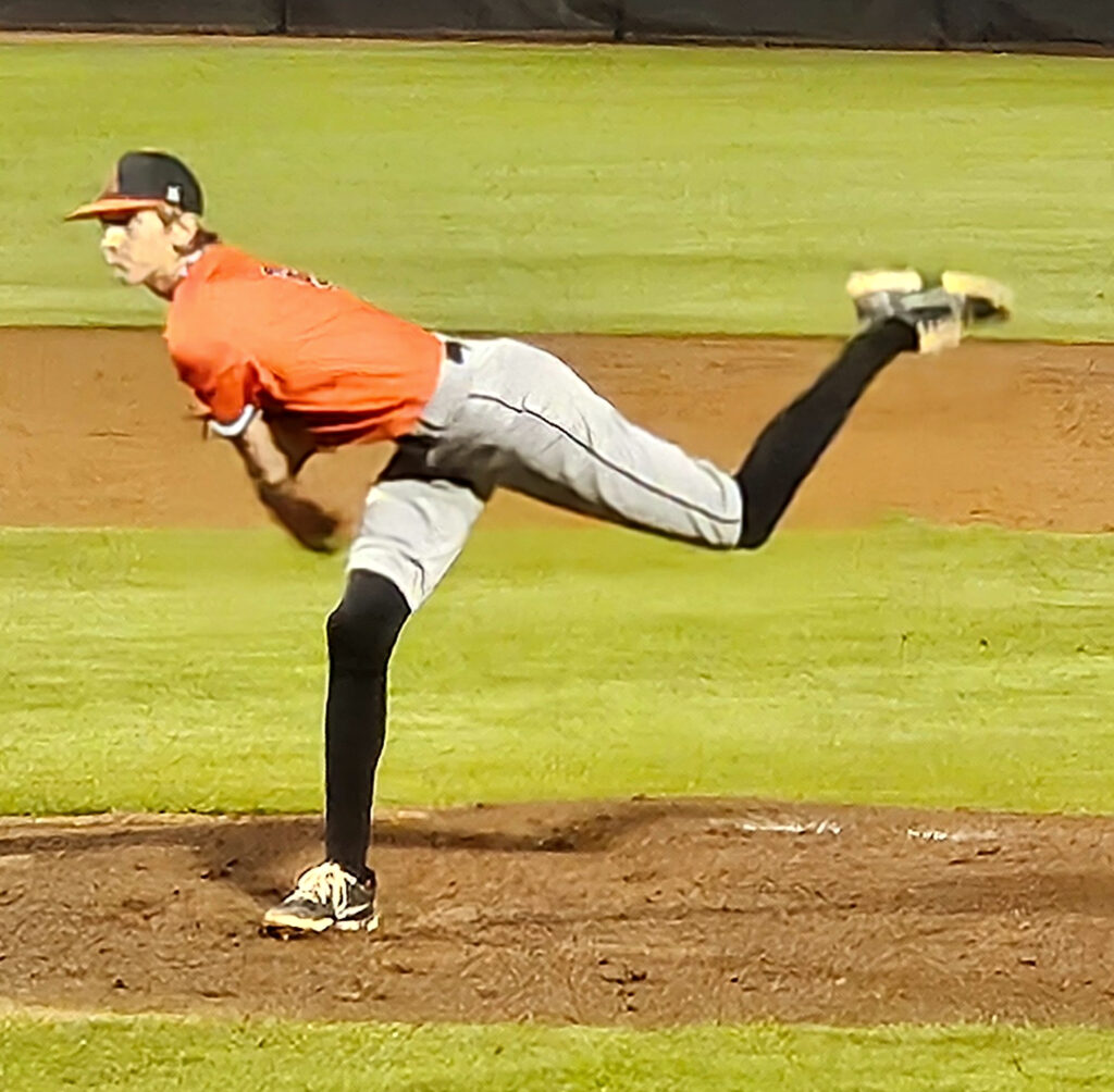 Alexandria starting pitcher Tripp Patterson works during Thursday’s Calhoun County baseball championship game at Choccolocco Park. (Photo by Joe Medley)