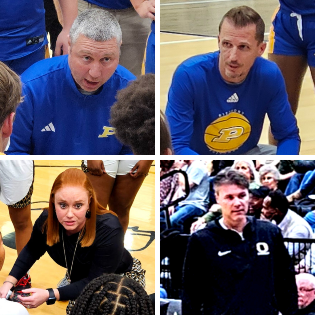 The 2024 East Alabama Sports Today All-Calhoun County coaches of the year for basketball: (from left, top) Piedmont’s Matt Glover (1A-3A boys), Piedmont’s Shane Morrow (1A-3A girls); and (from left, bottom) Oxford’s Melissa Bennett (4A-6A girls) and Oxford’s Joel Van Meter (4A-6A boys). (Photos by Joe Medley)