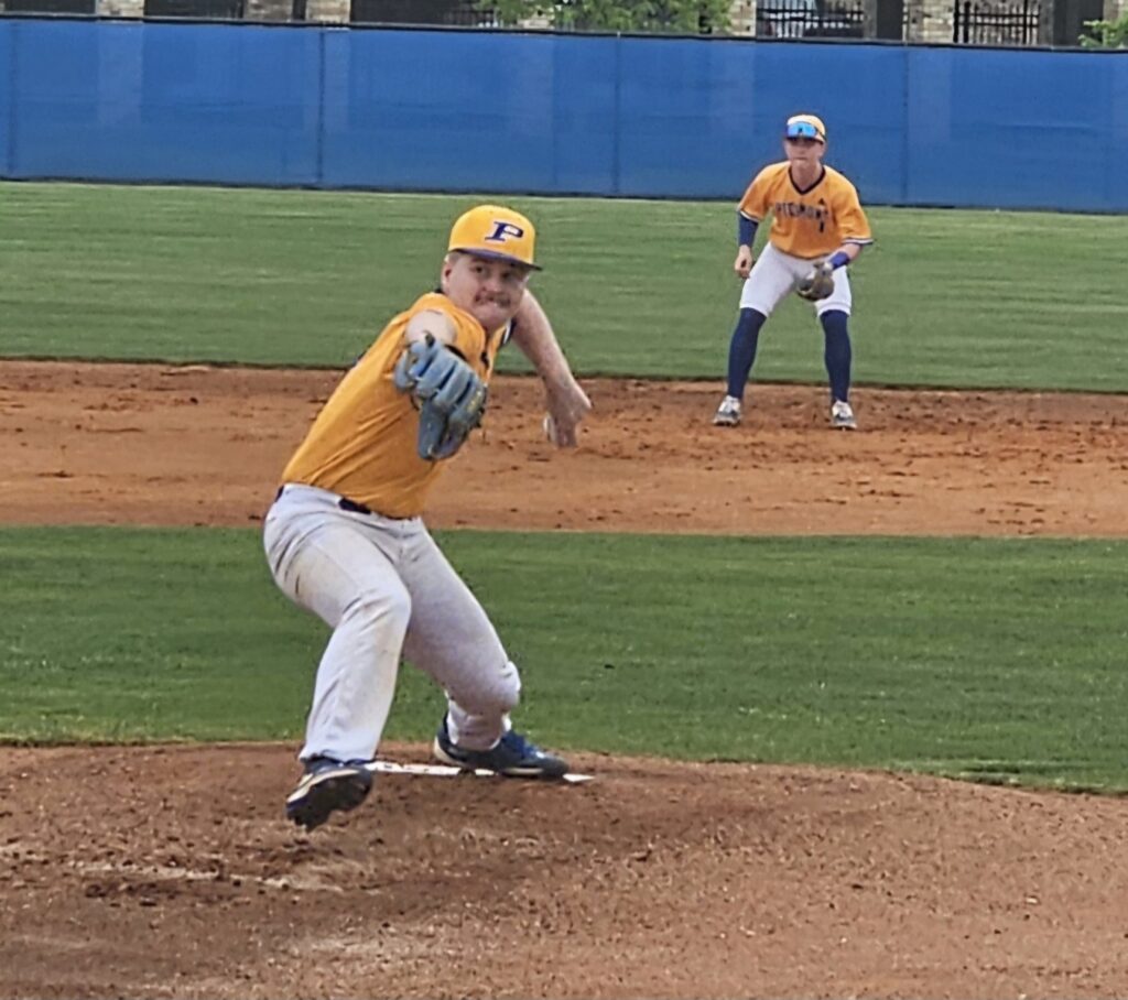 Piedmont’s Brodie Homesley comes out of his windup against Sylvania during Thursday’s Game 1 of their Class 3A first-round playoff series at home. (Photo by Joe Medley)