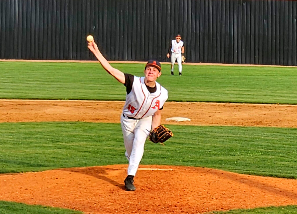 Alexandria’s Andrew Allen delivers against Douglas during Friday’s Game 1 of a best-of-3 Class 5A first-round playoff series at Alexandria. (Photo by Joe Medley)