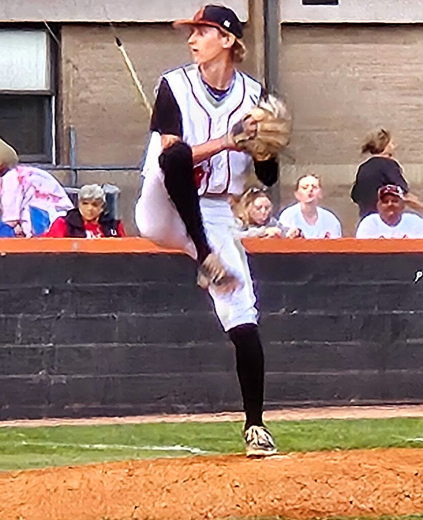 Alexandria’s Tripp Patterson comes out of his windup against Douglas during Friday’s Game 2 of a first-round Class 5A playoff series at Alexandria. (Photo by Joe Medley)