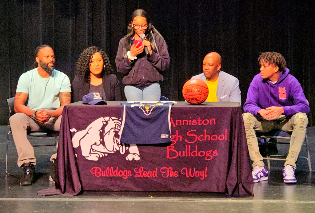Anniston’s A’Kayla Perry reads her statement Friday before signing to play basketball for Southern Union Community College. (Photo by Joe Medley)