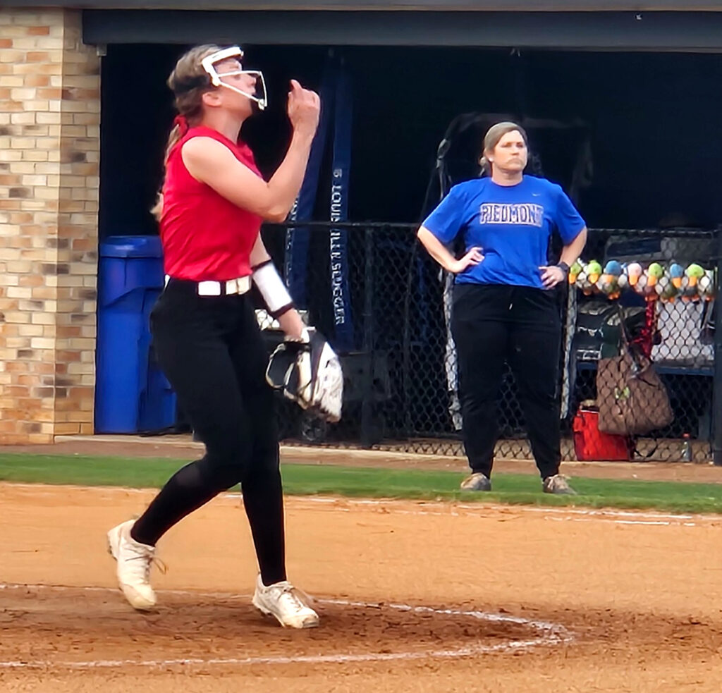 Weaver’s Kynlee Fulmer follows through against Piedmont on Monday. (Photo by Joe Medley)