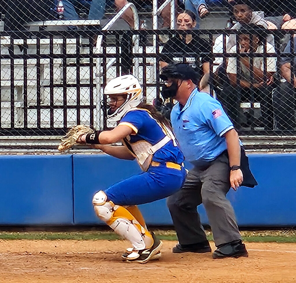 Piedmont catcher Cacey Brothers works during Monday’s Class 3A, Area 10 final against Weaver. (Photo by Joe Medley)