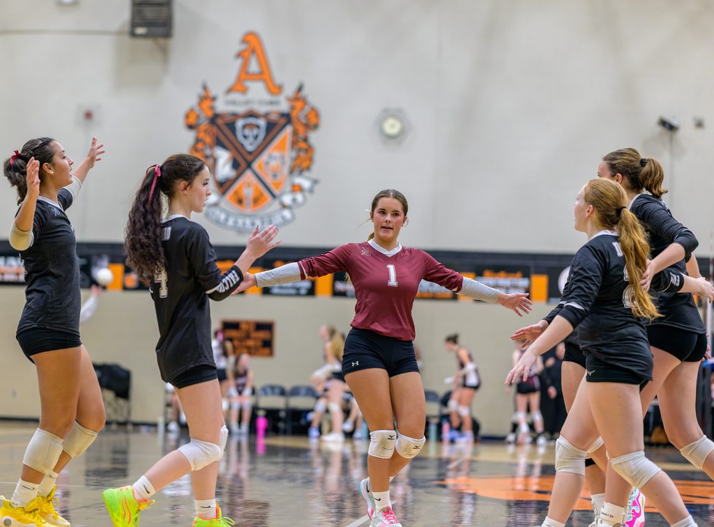 High school volleyball players celebrate on the indoor gymnasium court during a match.